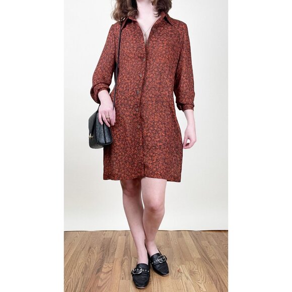 Vintage Button Down Mini Shirt Dress Floral Print Lightweight Crop Long Sleeve - Picture 3 of 6